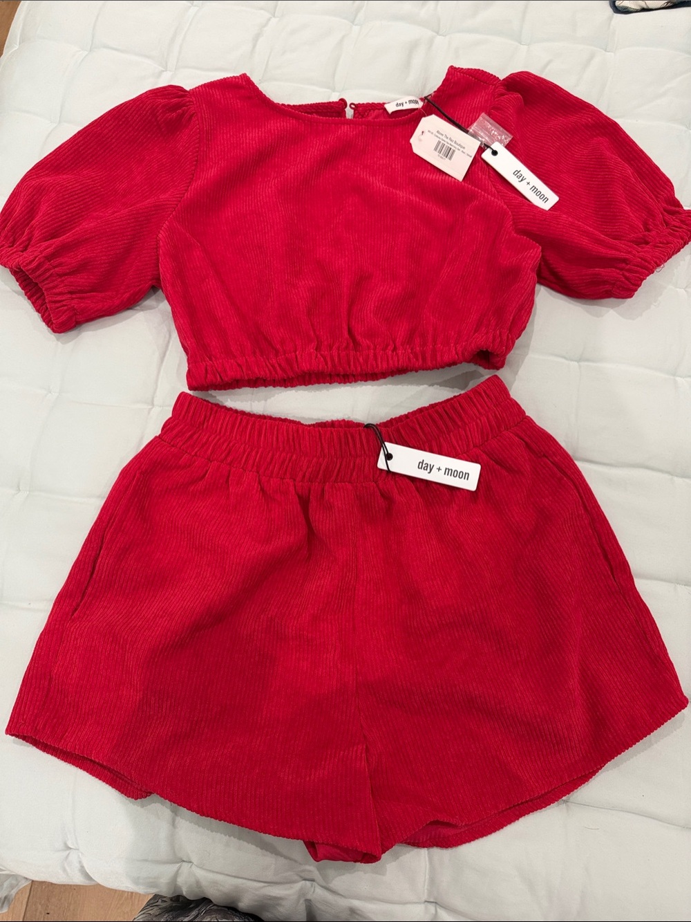 Day + Moon Women's Red Corduroy Short Set — Crop Top & Elastic Waist Shorts